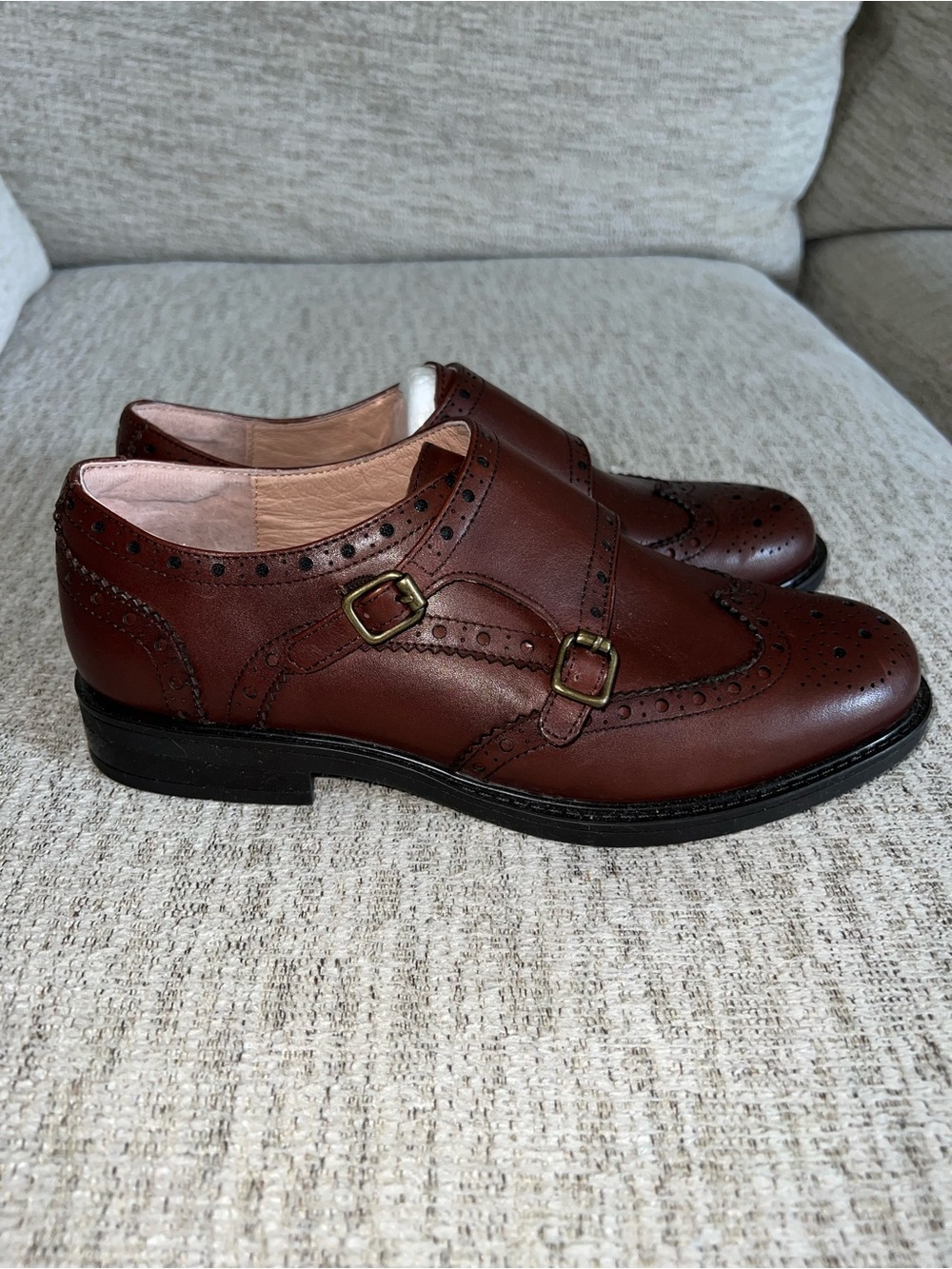 BeauToday Calfskin Monk Dress Shoes with brogue fretwork | Women’s Size 8; EU 39